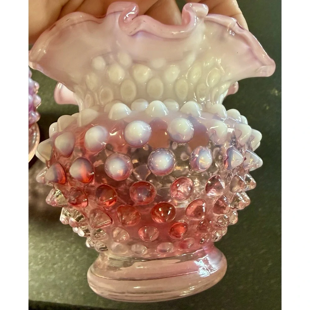 Pair Fenton Cranberry Opalescent Hobnail Rose Bowl Vases – Ruffled Edge – Vtg